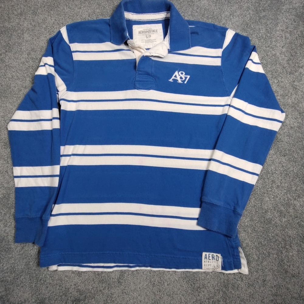 Aeropostale Mens Blue White Striped Long Sleeve Rugby Polo Shirt Size Small A87